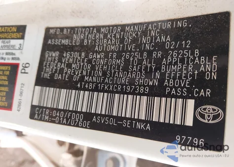 2012 Toyota Camry Le из США, поврежденный, VIN 4T4BF1FKXCR197389